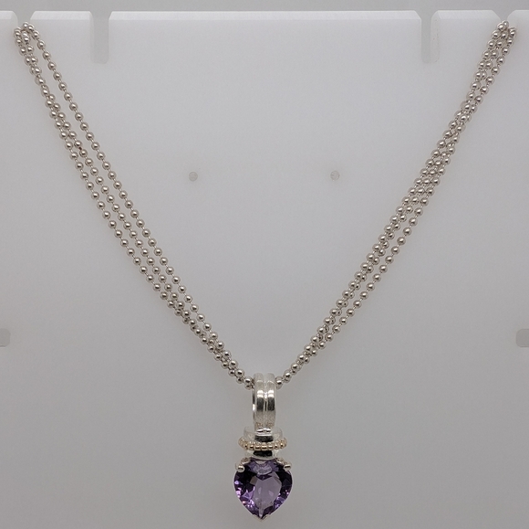 925 Silver Amethyst Pendant w/ 14K Yellow Gold Detailing & Silver Triple Chain - Picture 2 of 6
